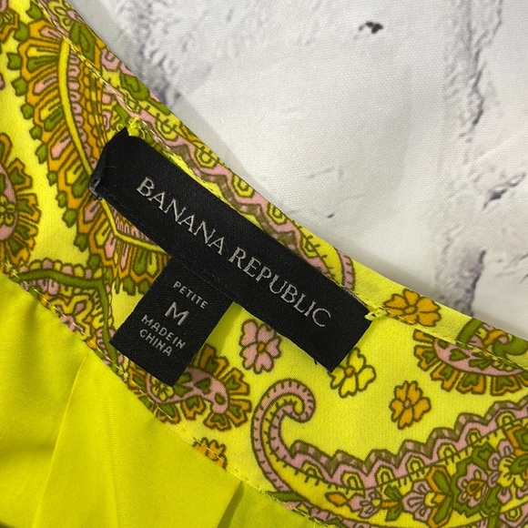 Banana Republic Dress Chartreuse Retro Paisley Sleeveless Tie Neck Pleated Hem - Picture 9 of 11